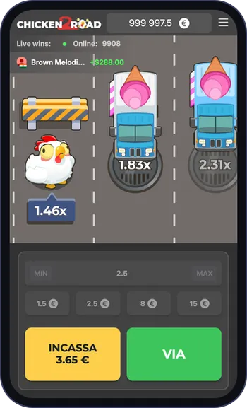 Chicken Road 2 su un telefono in verticale: la strada con i tombini, la gallina e i pulsanti in basso