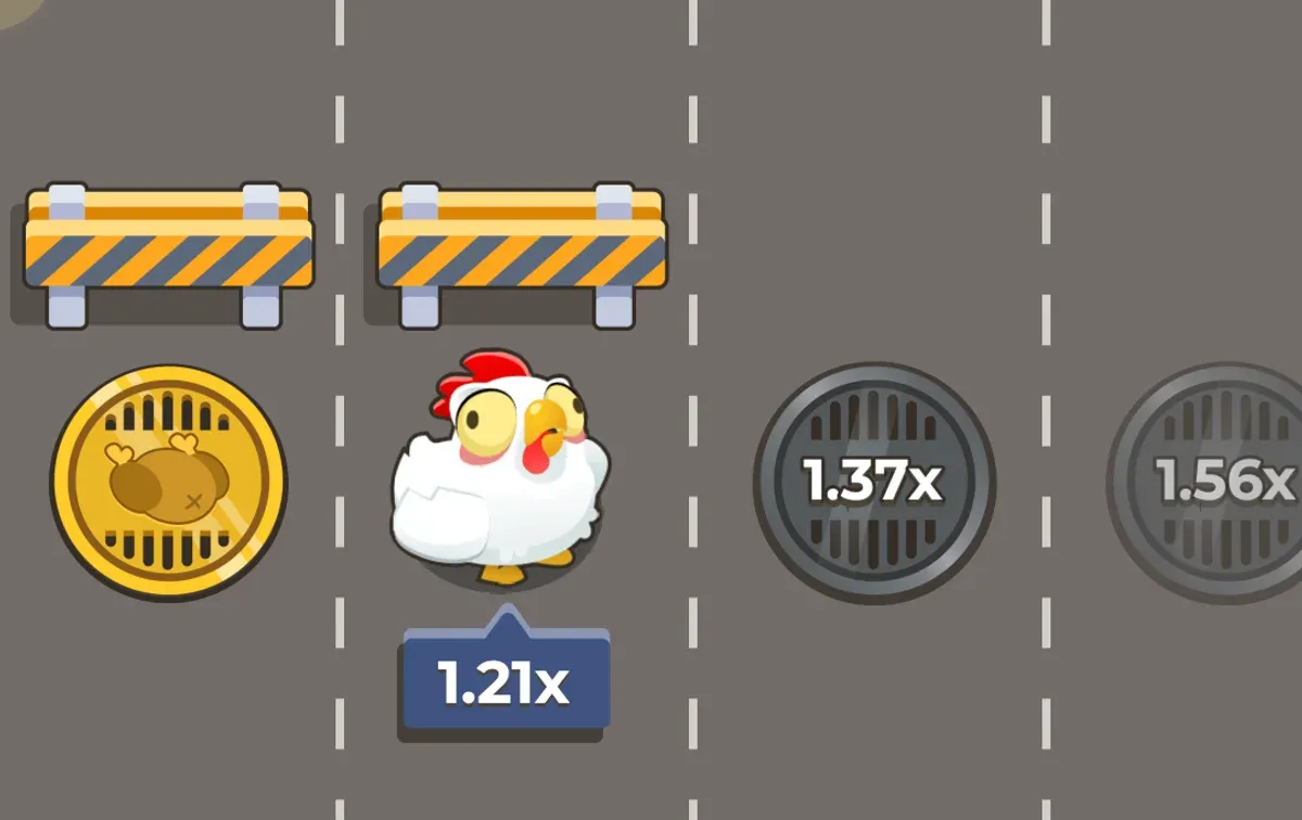 Chicken Road 2 di InOut Games: la gallina sulla strada davanti ai tombini con i moltiplicatori