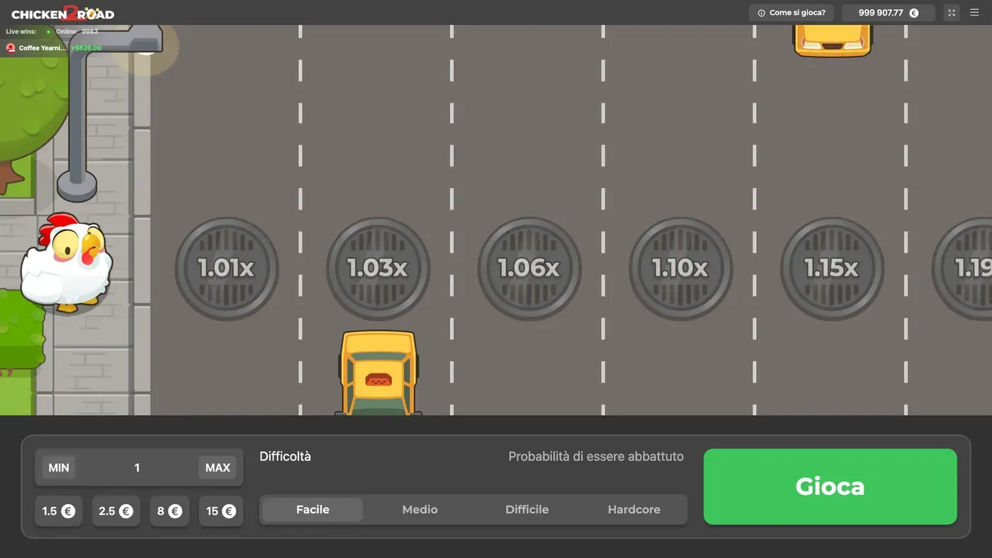 Chicken Road 2 in Facile: tombini da 1,01x, 1,03x, 1,06x, 1,10x e 1,15x
