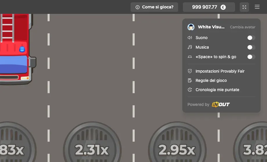 Il menu di Chicken Road 2 aperto: suoni, musica, barra spaziatrice, impostazioni di equità, limiti e cronologia delle puntate