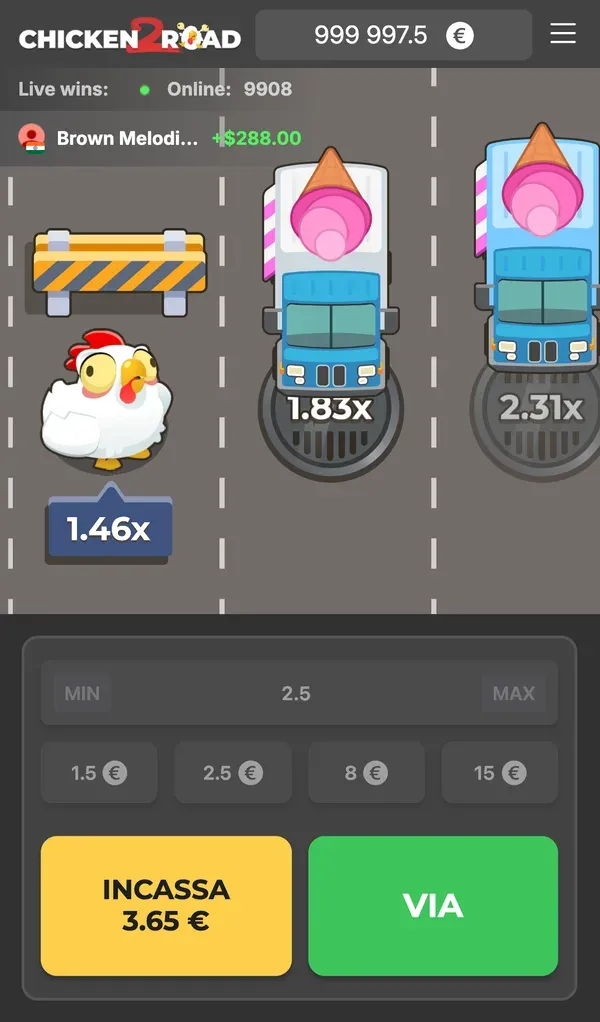 Chicken Road 2 nel browser di un telefono in verticale, con i pulsanti in basso