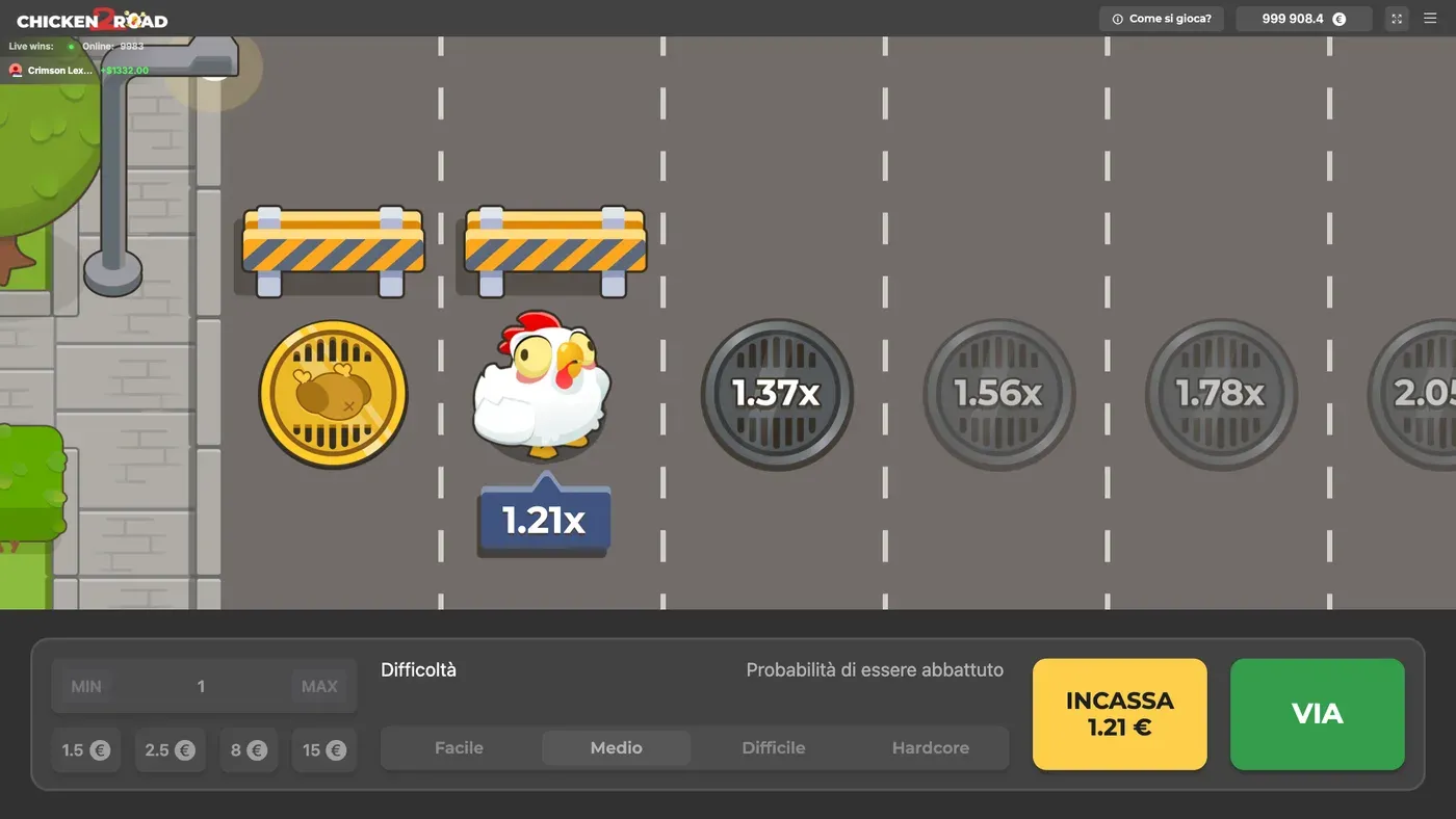 Chicken Road 2 in Medio: la gallina sulla corsia con il cartellino del moltiplicatore, i tombini con i moltiplicatori successivi e i pulsanti INCASSA e VIA