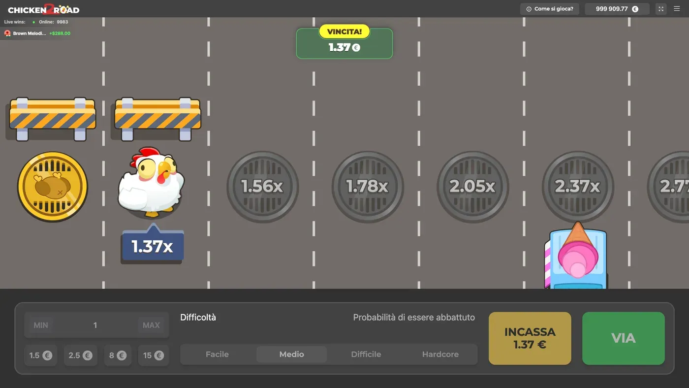 Chicken Road 2: incasso alla terza corsia di Medio, con il riquadro VINCITA! 1,37x